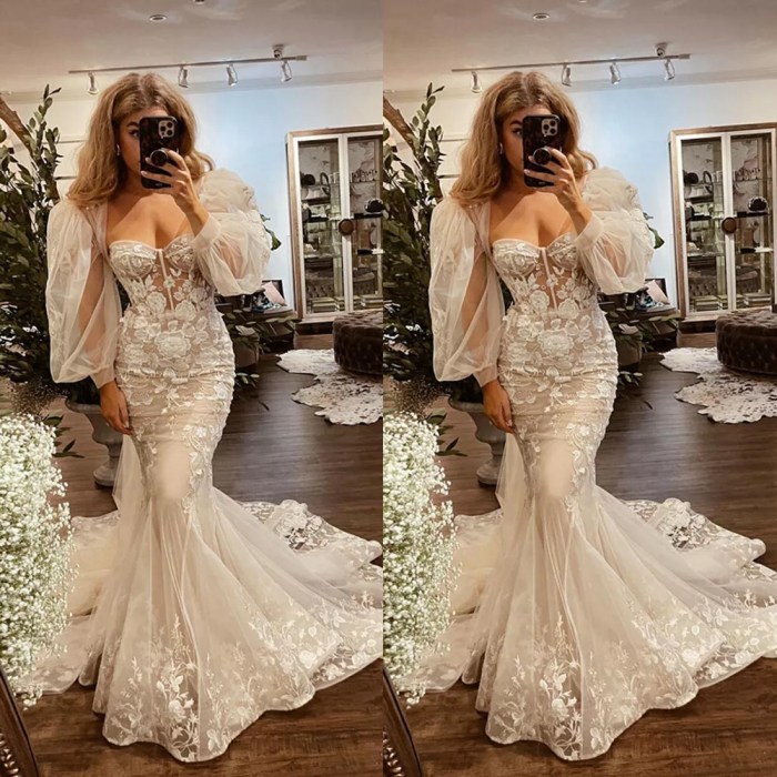 Long Sleeve Mermaid Wedding Dress with Detachable Train