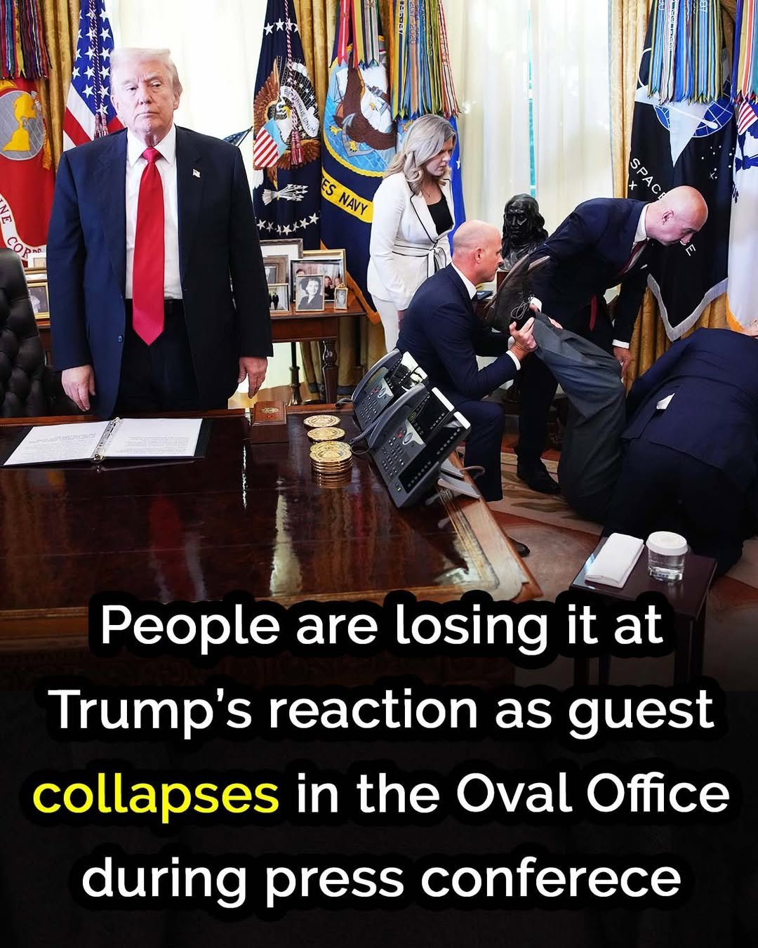 People are losing it at Trump’s reaction as guest collapses in the Oval Office during press conference