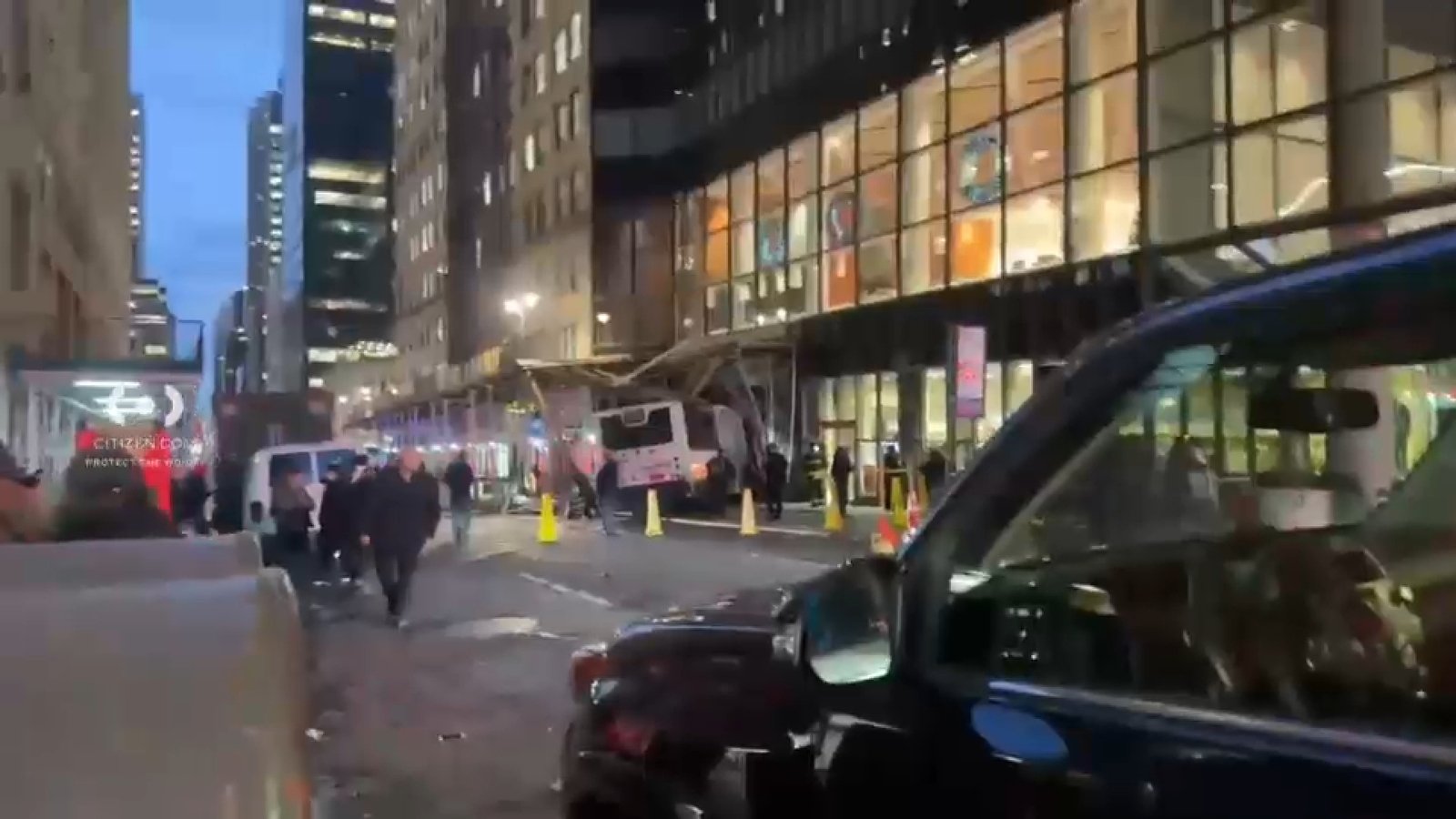 Bus crashes into scaffolding in Manhattan; 1 person injured, rushed to Bellevue Hospital